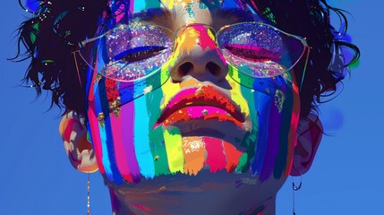 Wall Mural - Vibrant portrait with multicolor face paint, glitter makeup, and glasses against a bright blue backdrop, capturing artistic, expressive fashion.