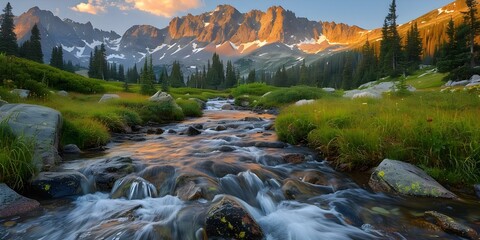 Wall Mural - Scenic view of stream flowing over rocks towards sunlit mountain range. Concept Nature Photography, Scenic Landscapes, Mountain Streams, Sunlit Views, Outdoor Beauty