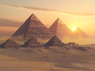 Wall Mural - Majestic pyramids rise from sandy dunes, illuminated by the golden light of a new day.