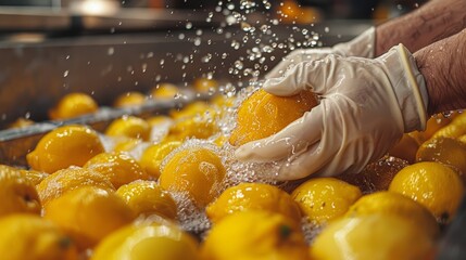 Wall Mural - Close-up of gloved hands washing lemons in a basin of water.  The water is splashing, and the lemons are bright yellow.