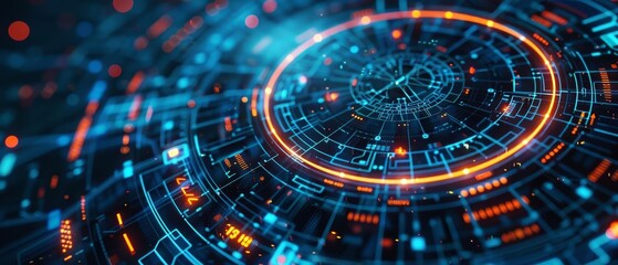 A circular digital interface with glowing lines and circuit patterns, on a dark blue background, symbolizing futuristic technology Closeup