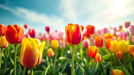 Canvas Print - tulip field under a blue sky