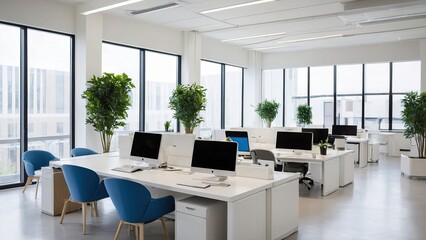 Wall Mural - Modern white and blue open space office interior