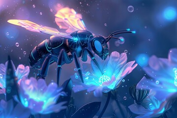 Sticker - Robotic Bee in a Garden of Luminescent Blooms