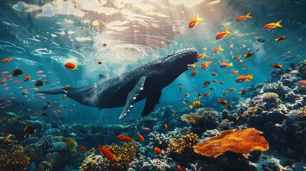 Whale swimming through a vibrant coral reef. The image merges underwater sea life,fish and coral formations, with the graceful movement of the whale,sunny light with an underwater background