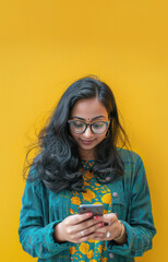 Wall Mural - Young indian woman using smartphone on yellow background
