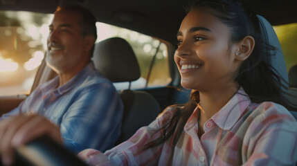 Driving instructor. A happy father teaches his high school daughter to drive a car. A man and a girl are driving in a car at dawn