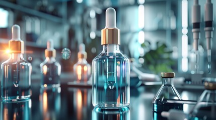 Poster - Close-up of glass bottles with dropper tops and blue liquid, in a laboratory setting. Generative AI