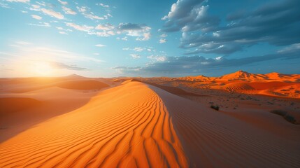 Wall Mural - The sun rises from behind the sand dunes, and golden sunlight shines on the ripples of the desert.