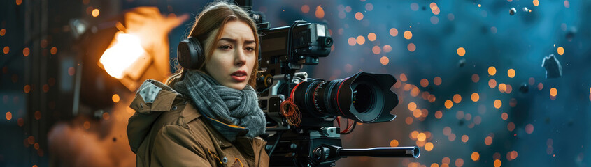 a woman is filming an action scene with a professional camera, capturing the intensity of the event