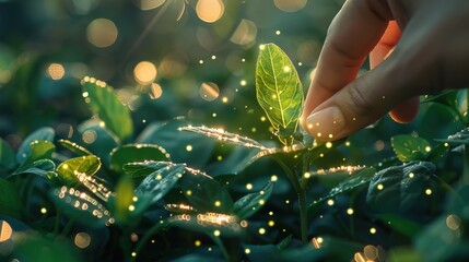 Human hand touching the green natural plants. particle lights with hand's finger