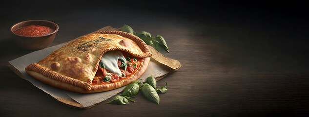 Wall Mural - Pizza calzone cut into pieces, dark background. Traditional Italian cuisine. AI generated.