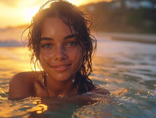 A woman is in the water with her hair wet and her face showing