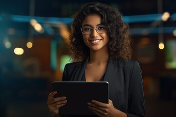 Wall Mural - professional young Indian lady in glasses holding a tablet