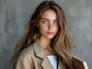 Woman blue eyes tan jacket book