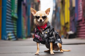 Poster - Trendy Chihuahua dressed in a punk rock outfit, standing on a graffiti-covered alleyway with a rebellious attitude