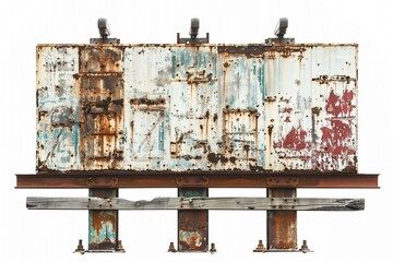 Rusty metal billboard with peeling paint on white background