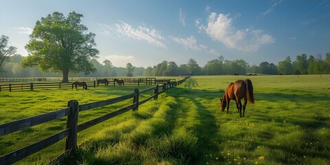 Wall Mural - Beautiful rural landscape with horses grazing in a peaceful spring morning. Concept Rural Landscape, Horses, Spring Morning, Peaceful, Grazing