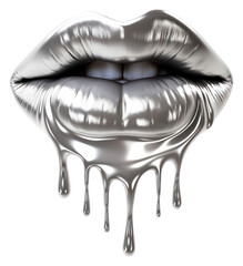 Poster - PNG Dripping lips silver white background chrome.