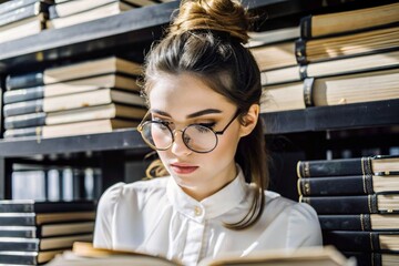 Reading, preparing for exams. Admission to the Institute. A young girl with glasses among many books in the interior of the living room, sitting at home in natural light.