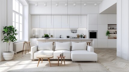 Wall Mural - a modern living room with a white sofa, dining table, and a view of the kitchen in the background, exemplifying Scandinavian interior design in a contemporary apartment or house.