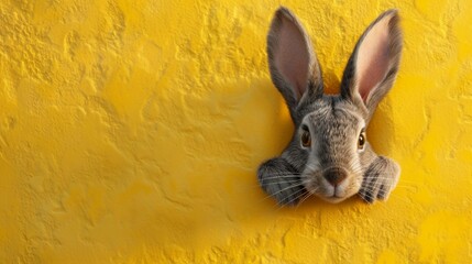 Wall Mural - Rabbit peeking over yellow wall.