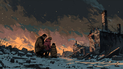 Unity in Adversity - Vector Illustration of Family Sheltering Amid Destruction in War Zone