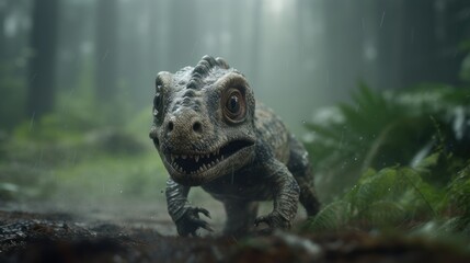 Wall Mural - cute baby dinosaur in prehistoric forest. photorealistic.