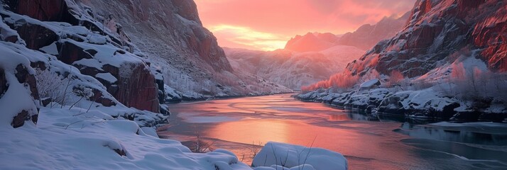 Sticker - Majestic landscape of rugged lands valley in winter with snow.