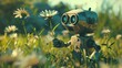 © vannet - Little cute robot lost in a field on a beautiful day, discovering the earth and exploring nature with curiosity, being surprised by a flower, beautiful nature of the earth