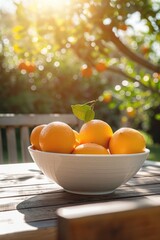 Wall Mural - oranges in a white bowl on a wooden table nature background. Selective focus
