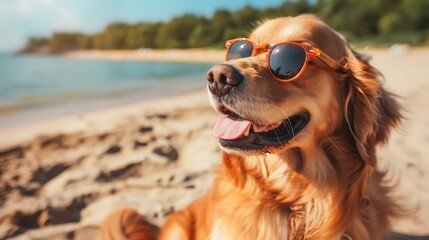 Golden retriever dog wearing sunglasses on the summer beach background Vacation with pets concept