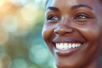 Radiant Smile of a Joyful African Woman Bathed in Golden Sunlight, horizontal banner with copy space