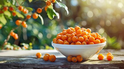 buckthorn in a white bowl on a wooden table, nature background. Selective focus