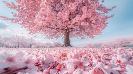 Wall Mural - A blooming cherry blossom tree in full bloom, with delicate pink petals covering the branches and a carpet of fallen petals on the ground under a clear blue sky 
