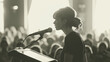 © Who is Danny - A silhouette of a woman speaking into a microphone, with an audience in the background, sepia tones, public speaking concept. Generative AI
