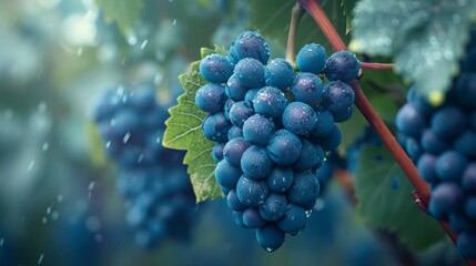 Wall Mural - Vibrant close-up shot capturing the texture and freshness of ripe grapes on the vine, dewdrops adding to the freshness