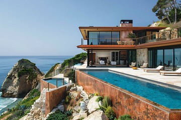 Wall Mural - A modern craftsman house with a copper penny-tiled facade, overlooking a sparkling turquoise coastline.