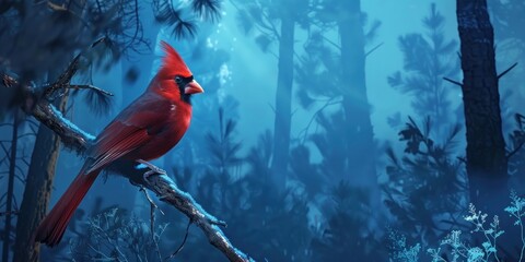 Wall Mural - a cardinal bird sitting on a branch, a pine forest in the background, with blue underlighting