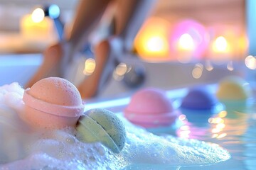 Leinwandbilder - Colorful bath bombs float in a luxurious, bubbly bath. Generative AI