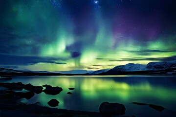 Northern lights aurora borealis over beautiful lake landscape 