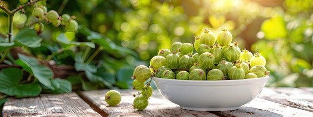 gooseberry in a white bowl on a wooden table, nature background. Selective focus