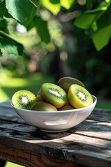 Sticker - kiwi in a white bowl on a wooden table nature background. Selective focus