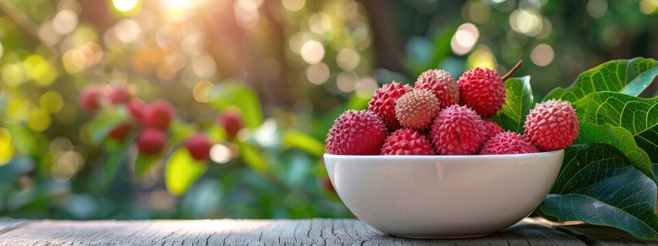 lychees in a white bowl on a wooden table, nature background. Selective focus