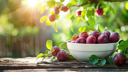 Wall Mural - plums in a white bowl on a wooden table, nature background. Selective focus