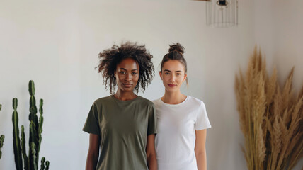 two female models wearing the same plain white and olive green crewneck t-shirt