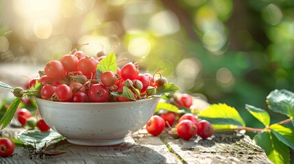 Wall Mural - rose hips in a white bowl on a wooden table nature background. Selective focus