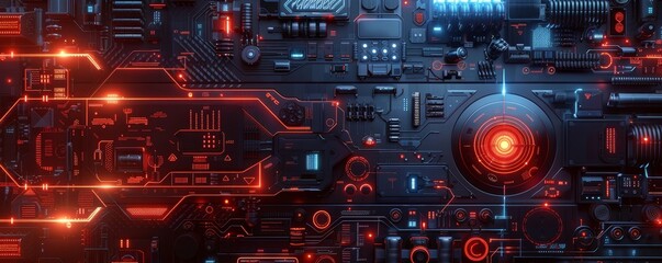 Wall Mural - Futuristic electronic circuit board illuminated with red and blue lights, depicting advanced technology and innovation.