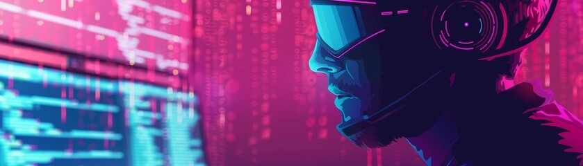 Futuristic hacker coding while wearing virtual reality headset; data streams and digital interface in vibrant pink and blue hues.