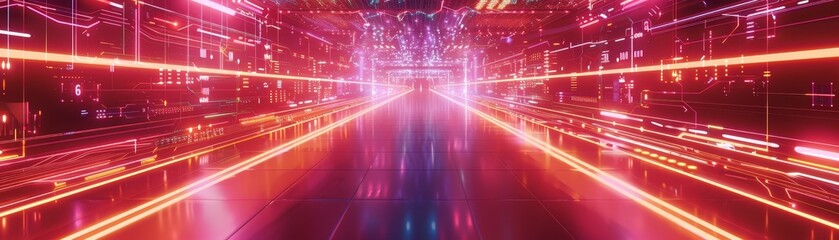 Wall Mural - Futuristic neon-lit corridor with vibrant lights and abstract design, perfect for conveying a sense of technology, innovation, and cyberspace.